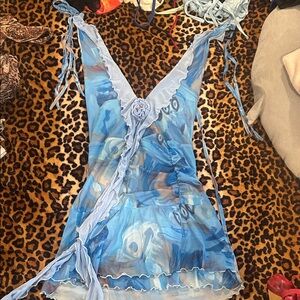 Blue Printed Sheer Wrap Chemise - Unbranded